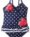 Hartstrings Baby-Girls Infant Polka Dot Ruffle Skirt One Piece Swimsuit, Blue/White Print, 18