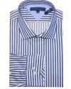 Tommy Hilfiger Men Striped Logo Dress Shirt (15.5(34-35), Navy/white)