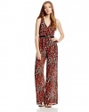 XOXO Juniors Printed Tie Low Back Belted Jumpsuit, Coral, Large