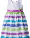 Jayne Copeland Little Girls Party Dress with Stripes and Flower Corsage At Waist, Multi, 6x