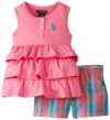 U.S. POLO ASSN. Little Girls Tiered Ruffle Tank Top with Plaid Short Two-Piece Set