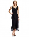 NY Collection Women's Petite Sleeveless Maxi Dress with Embellished Neck, Black, Large