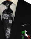 Berioni Made Italy Woven Silk Mens Jacquard Woven Tie Hanky Set G2 Black Silver