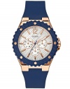 GUESS Women's U0452L3 Sporty Oversized Multi-Function Watch on a Comfortable Navy Blue Silicone Strap with Rose Gold-Tone Accents