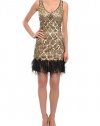 Sue Wong A Modern Revival Gold Beaded Feather Party Cocktail Dress