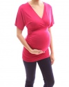 PattyBoutik Mama V Neck Crossover Empire Waist Short Sleeve Ruched Maternity Top (Rose Pink 12)