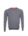 Sons of Intrigue Light Gray Horizontal Striped V-Neck Sweater , Size Large