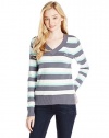 U.S. Polo Assn. Women's Stripe V-Neck Sweater and Matching Hat Set, Grey/Aqua Thaw Combo, X-Small