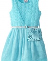 Beautees Little Girls' Sleeve Less Disco Dot Dress with Purse, Frost Blue, 6X