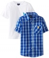 U.S. Polo Assn. Little Boys' Long Sleeve Plaid Sport Shirt and V-Neck T-Shirt Set