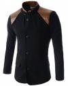 Mens Slim China Collar Leather Patched Chest Pocket Deco 5 Button Jacket