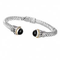 925 Silver & Onyx Round Cabochon Twisted Cuff Bracelet with 18k Gold Accents