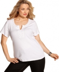 Upgrade your plain tees with Karen Scott's short sleeve plus size top, accented by crochet and rhinestones.