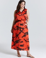 A rush of fiery hues, this VINCE CAMUTO PLUS maxi dress ignites your wardrobe with a burst of bohemian chic.