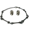 DaisyJewel Distressed Crystal Zombie Skull Stud Earrings & Gunmetal Skeleton Bone Bracelet