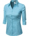 Doublju Women 3/4 Sleeve Basic Simple Button-down Shirt