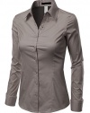 Doublju Women Long Sleeve Basic Simple Button-down Spandex Shirt