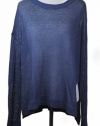 Eileen Fisher Solid Denim Blue Round Neck Organic Linen Boxy Sweater
