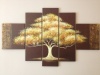 Ode-Rin 100% Hand Painted Cherish Art Oil Paintings Gift Gold Tree 5 Panels Wood Inside Framed Hanging Wall Decoration - (10x16Inchx2, 8x20Inchx2, 8x24Inchx1)