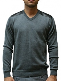 Versace Grey V-Neck Sweater with Leatherlike Patchwork