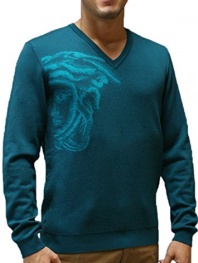 Versace Collection Teal V-Neck Sweater with Medusa Logo
