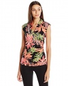 Vince Camuto Women's S/L Wildflower Blooms Pleat V-Neck Top