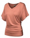BIADANI Womens Short Dolman Sleeve V-Neck Solid Shirring Drape Tunic Top Shirt