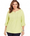 Charter Club Plus Size Three-Quarter-Sleeve Pintucked Top 0x Lime Green