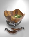 Nambe Anvil Scroll Wood Salad Bowl with Servers, Iron Finish Metal Alloy