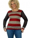 Women's Plus Size Striped Fashion Top with Sheer Long Sleeves