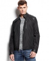 GUESS Men's Stuntman Mixed Media Bomber Jacket with Faux Leather Details