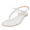 SHOEZY Womens Pu Leather Flat Sandals Wedding Pearls Rhinestone Thong Strap Gladiator Shoes US 9