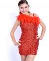 Anna-Kaci S/M Fit Red Hot On Fire One Shoulder Feather Boa Trim Sparking Dress