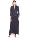Alex Evenings Women's Jacquard Glitter Knit Long Dress and Mandarin-Neck Jacket