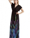 My Wonderful World Women's Printed Bohemian Beach Dress Slim V-neck Nice Summer Maxi Dresses Black Feather