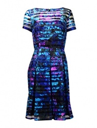 Tahari Women's Printed Shadow Stripe Fit & Flare Dress (4, Black/Aqua/Violet)