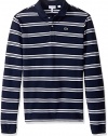 Lacoste Boys' Big Boys' Long Sleeve Stripe Pique Polo, Navy Blue/White, 14A