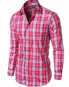 Stylish Plaid Checkered Long Sleeve Dress Shirts Red_Navy Medium