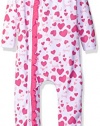 GUESS Girls' Print Long Sleeve Footed Romper, Hearts Pink, 6/9M