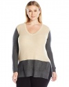 Vince Camuto Women's Plus Size a Long Sleeve V-Neck Wafflestitch Colorblock Sweater