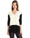Vince Camuto Women's Long Sleeve V-Neck Waffle-Stitch Colorblock Sweater