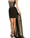 YeeATZ Gold Embroidery Long Tail Belted Little Black Party Dress