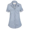 Women's Classic Button Down Short Sleeve Cotton Denim Shirt Top with Pockets