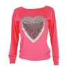 Mchoice Women Heart Sequins Long Sleeve Top Shirt Blouse (M, Hot Pink)