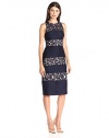 London Times Women's Lace and Pleated Fitted Midi Sheath Dress