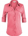 Luna Flower Women's Side Ribbed Collared Stylish Button Down Solid Color Shirts