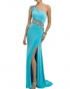 Lilybridal One-Shoulder See Through Crystal Side Slit Prom Dress Party Gown Aqua US16