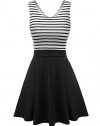 Meaneor Women's V Neck Sleeveless Open Back Black White Strip Summer Mini Dress