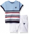 GUESS Baby Boys' Set-Short Sleeve Striped T-Shirt and Pant, Frosted Blue, 18M